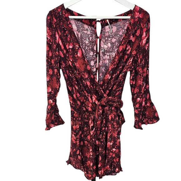 Free People Pants - Free People Wrap Tie Waist Floral Romper  Size Small Button Back Bell Sleeve